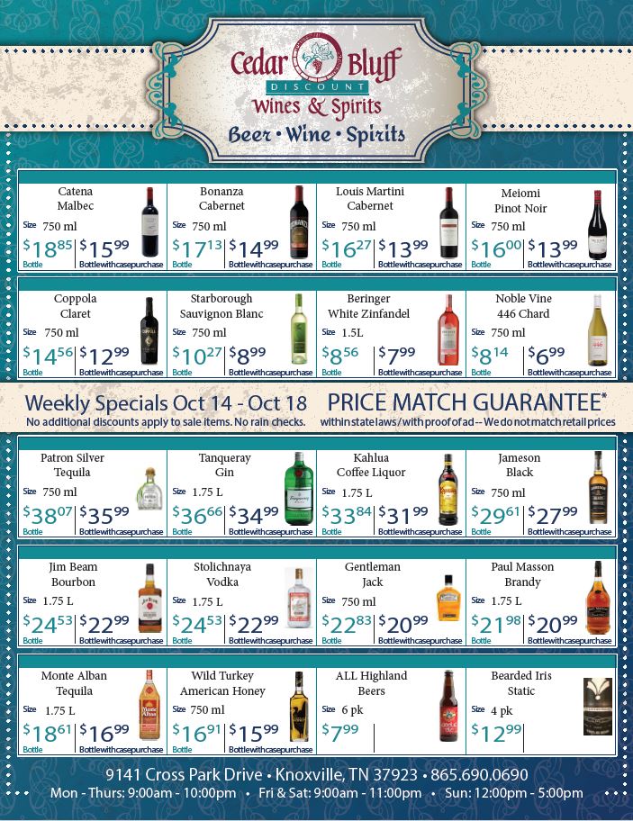Weekly Wine & Spirit Specials Knoxville, TN Cedar Bluff Wines & Spirits